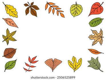 Frame of colorful autumn leaves. Hand Drawn. Freehand drawing. Doodle. Sketch. Outline.