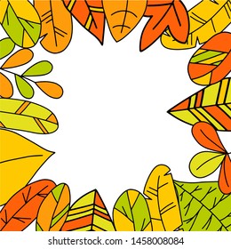 Frame of colorful autumn leaves. Isolated on white background. Simple cartoon flat style. vector illustration.