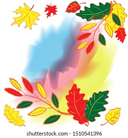 Frame of colorful autumn leaves on a background of watercolor stains. vector illustration isolated on white background
