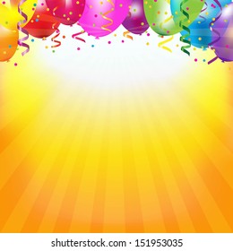 Frame With Colorful Balloons And Sunburst With Gradient Mesh, Vector Illustration