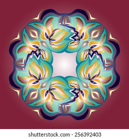 Frame with colorful blue and yellow patterns in Oriental style on a red background.