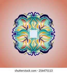 Frame with colorful blue and yellow patterns in Oriental style on a pink background.