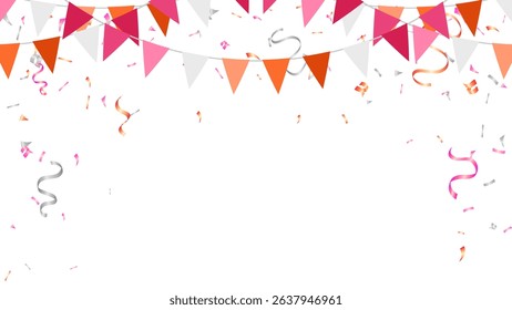 Frame colorful bunting garland flag and confetti pride month decoration elements isolated vector illustration template