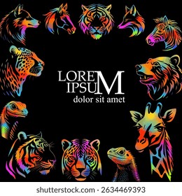 Frame with colorful different animals. Africa colored abstract with animals. hand drawing. Not AI, Vector illustration.