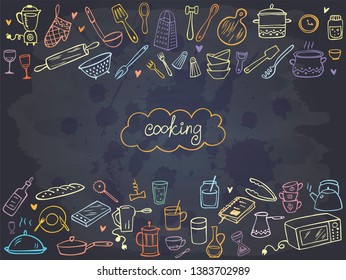 Frame from colorful doodle kitchen tools on chalkboard. Vector illustration. Perfect for wallpaper, pattern fills, textile, web page background, surface textures.