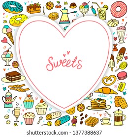 Frame from colorful doodle sweets food on white background. Vector. Cakes, biscuits, baking, cookie, donut, ice cream, macaroons, coffee. Perfect for dessert menu or design. Heart frame composition.