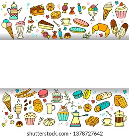 Frame from colorful doodle sweets food with space for text on white. Vector illustration. Cakes, biscuits, baking, cookie, donut, ice cream, macaroons, coffee. Perfect for dessert menu or design.