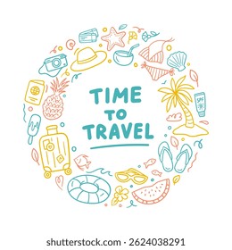 Frame with colorful doodles of vacation and traveling. Travel, tourism, and leisure-related design. Vector illustration isolated on a white background.