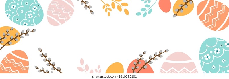 Frame with colorful Easter eggs on a white background. Easter Banner