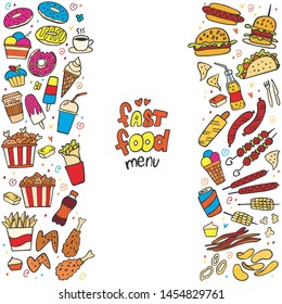 Frame from colorful fast food doodle on white background. Vector. Burger, snacks, hamburger, fries, hot dog, tacos, coffee, sandwich, ice cream, donut. Perfect for menu design.