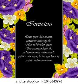 frame of colorful flowers on a black background. For greeting cards design, greeting cards and many other things. Vector illustration.