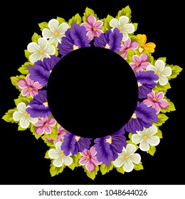 frame of colorful flowers on a black background. For greeting cards design, greeting cards and many other things. Vector illustration.