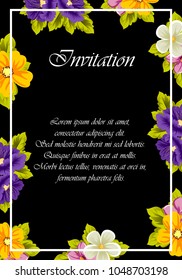 frame of colorful flowers on a black background. For greeting cards design, greeting cards and many other things. Vector illustration.