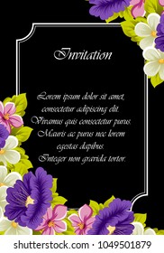 frame of colorful flowers on a black background. For greeting cards design, greeting cards and many other things. Vector illustration.