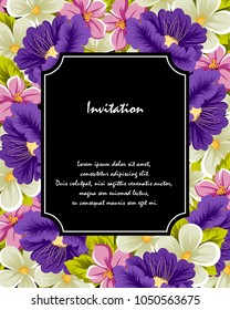 frame of colorful flowers on a black background. For greeting cards design, greeting cards and many other things. Vector illustration.