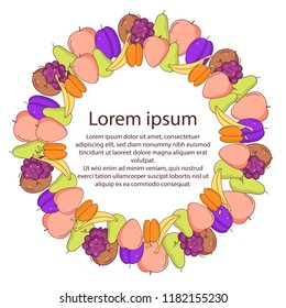 Frame of colorful fruits on empty space background.  With space for text. Vector art. 