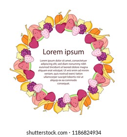 Frame of colorful fruits on empty space background.  With space for text. Vector art. 