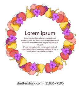 Frame of colorful fruits on empty space background.  With space for text. Vector art. 
