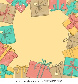 Frame with colorful gift boxes on a yellow background. Vector illustration in sketch style. Space for your text. Template. Mock up.