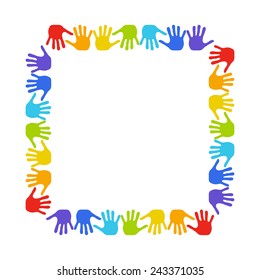 Frame with colorful hands. Rainbow border