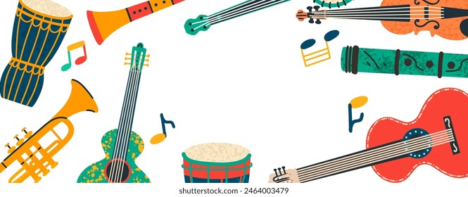 Frame with colorful musical diversity instruments objects. Musical event poster with copy space for text. Vector