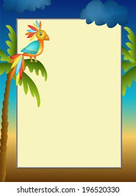 frame with colorful parrot and palm illustration