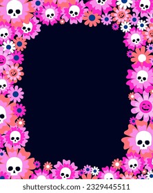 Frame of colorful pink flowers with white sculls and copy space for text in the middle. Vector illustration for Halloween card and banners