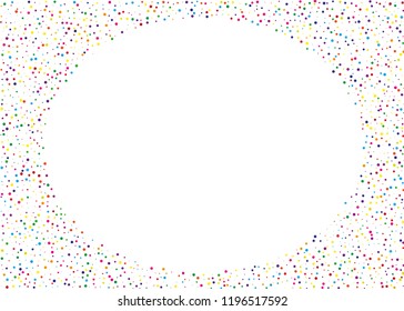 Frame with colorful polka dots, circles, points. Bright round confetti. Festive cheerful background. Scalable vector graphics.