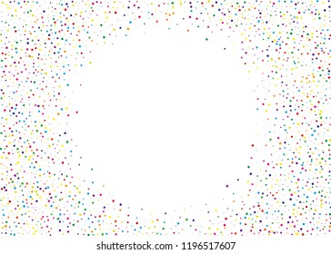 Frame with colorful polka dots, circles, points. Bright round confetti. Festive cheerful background. Scalable vector graphics.