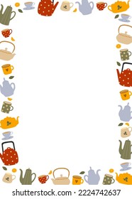 Frame of colorful teapots and cups. Kitchen utensil background. Vector illustration