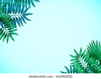 Frame of colorful tropical leaves. Concept of the jungle for the design of invitations, greeting cards and wallpapers. Vector illustration