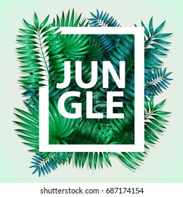 Frame of colorful tropical leaves. Concept of the jungle for the design of invitations, greeting cards and wallpapers. Vector illustration