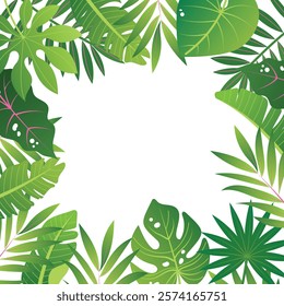 Frame of colorful tropical leaves. Jungle concept for invitations, greeting cards and wallpapers.