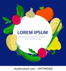 a frame with colorful vegetables on a blue background with an empty space for your text