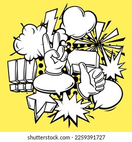 Frame with comic speech bubbles signs and symbols. Cartoon pop art creative image.
