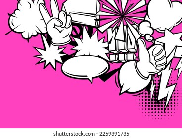 Frame with comic speech bubbles signs and symbols. Cartoon pop art creative image.