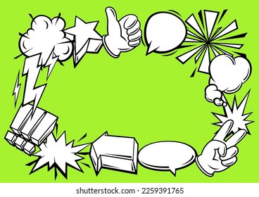 Frame with comic speech bubbles signs and symbols. Cartoon pop art creative image.