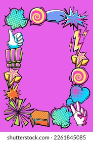 Frame with comic speech bubbles signs and symbols. Cartoon pop art creative image.
