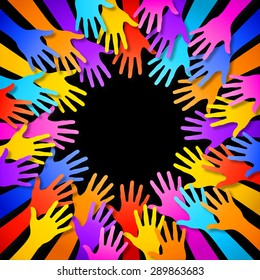 A frame composed by colorful hands silhouettes.