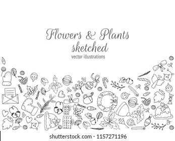 Frame composed of Christmas objects. Hand drawn elements, sketched christmas tree, pudding, stocks, mistletoe, candle and Santa’s beard. Vector Illustration. 