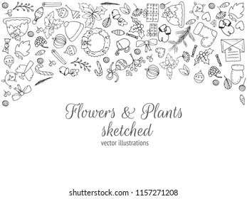Frame composed of Christmas objects. Hand drawn elements, sketched christmas tree, pudding, stocks, mistletoe, candle and Santa’s beard. Vector Illustration. 