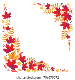 Frame composed of colorful autumn leaves over white. Vector illustration.