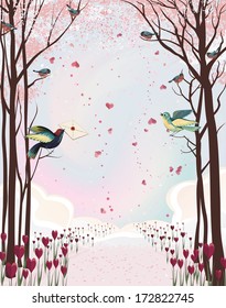 Frame composition with pink forest and birds