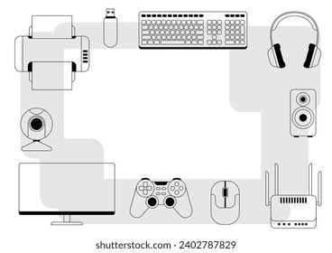 Frame with computer equipment. Gaming technology and work devices.