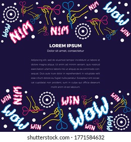 Rahmenkonzept mit Platz für Text. Flaches Neonbild. Eine lineare Hand hält einen Dart und zielt auf das Ziel. Sonniges Schreiben. Konzept für Druck- oder Webnutzung. Auf dunkelblauem Hintergrund.