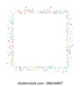 Frame of confetti on white background. pastel circles. decoration for the holiday. greeting card.