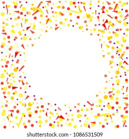 Frame with confetti on white. Geometrical background with multicolored glitters. Pattern for design. Print for polygraphy, posters, banners and textiles. Greeting cards. Luxury texture
