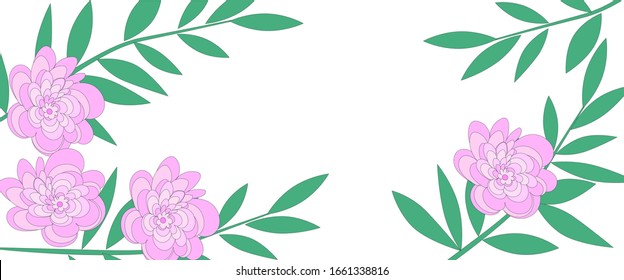 
Frame for congratulations invitations for banner. Place for text. Pink flowers with sprigs of green leaves. White background.