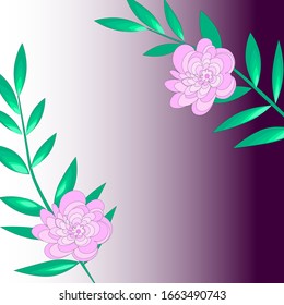 Frame for congratulations and lettering messages. Vector illustration of green twigs and pink flowers. Place for text. lilac gradient.