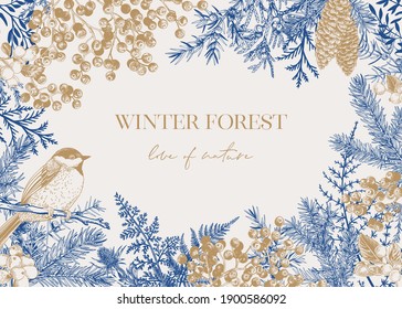 Frame with conifers, berries and a bird. Vintage floral background. Engraving. Blue and gold.